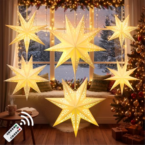 Ganeen 6 Pcs Christmas Paper Star Lanterns Lampshade, 7 9 Pointed Star Lamp Hanging Ornament Decorations with LED Light for Xmas New Year Party Indoor Outdoor Decorations, 3 Size, Includes Rope