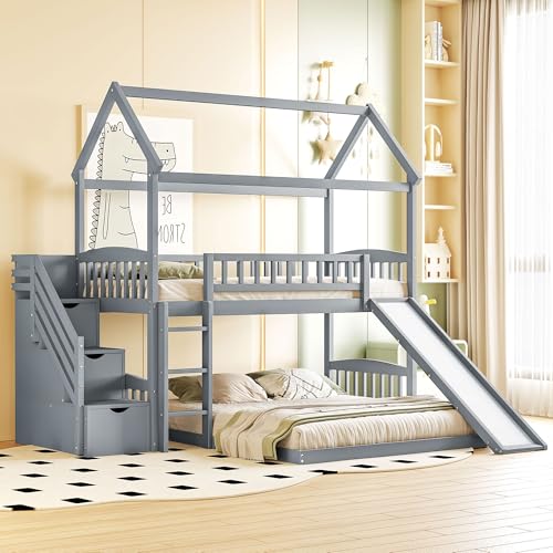 Ball & Cast Twin Over Full Size House Bunk Bed with Slide and Storage Steps,Wood Bunkbed w/Full-Length Guard Rail & Ladder,Slat Support,Space Saving,Bedroom Furniture for Student Dorms,Gray