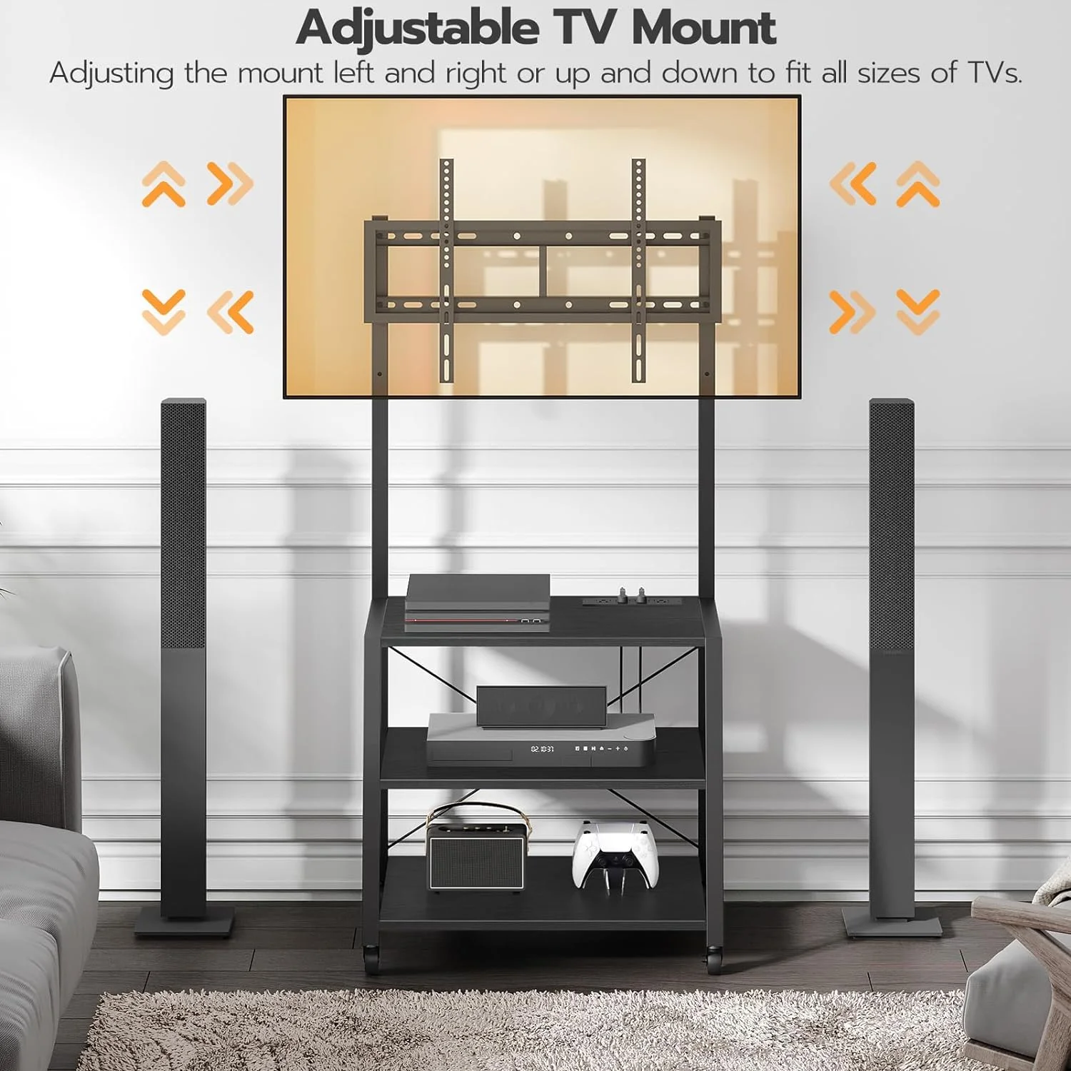 WAGEE Rolling TV Stand with Mount and Power Outlet Up to 55 inch TVs, Corner Entertainment Center, Small TV Stand with 3-Tier Storage Shelves for Living Room, Bedroom, Black BB66UDS01