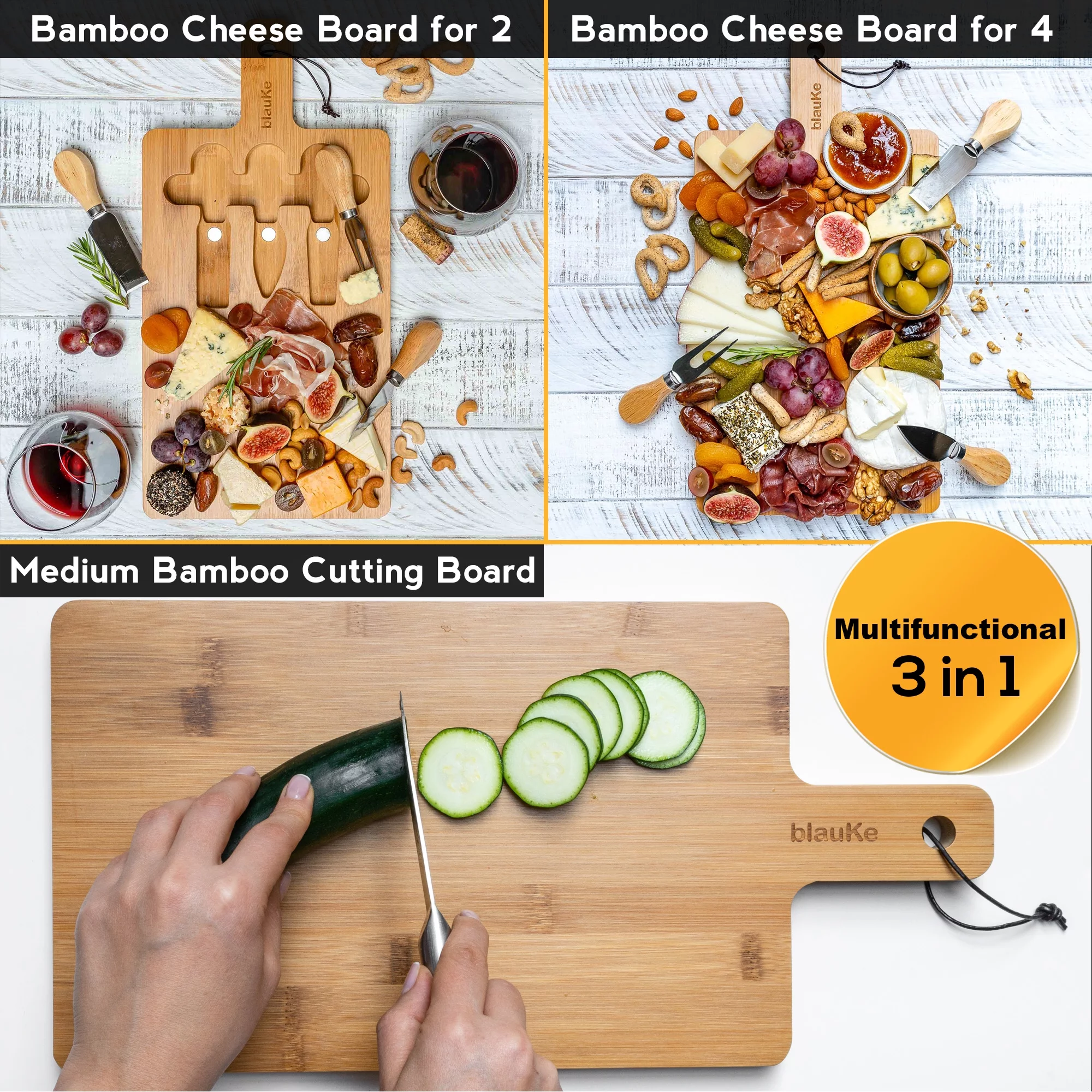 BlauKe® Bamboo Cheese Board and Knife Set 12x8 inch - Wood Cheese Cutting Board, Serving Tray Platter, Charcuterie Board Set, Magnetic Cheese Knives