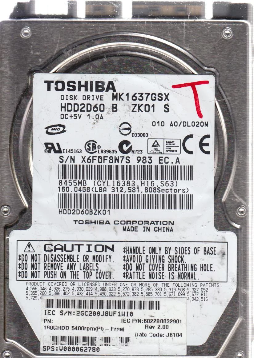 MK1637GSX, A0/DL020M, HDD2D60 B ZK01 S, Toshiba 160GB SATA 2.5 Hard Drive