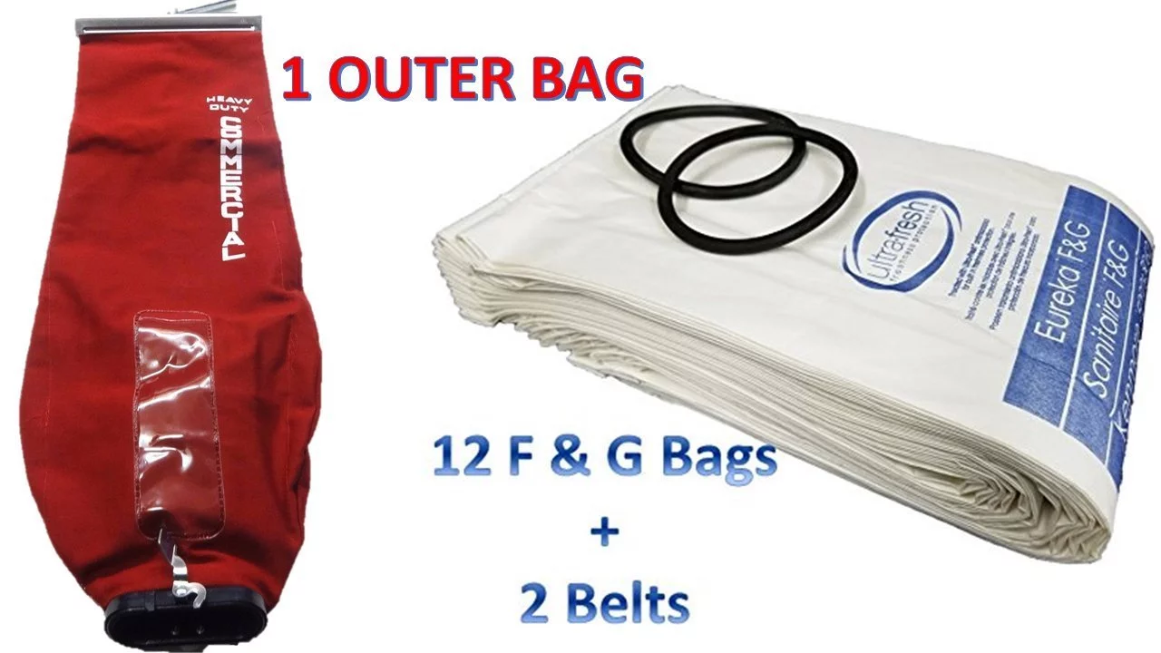 Sanitaire Professional Premium Cleaning Bundle 1 Outer Bag w/ Latch (53469-23)+ 12 Allergen Filtration Bags for Eureka Style F&G (54924C)Vacuum Cleaner FG Sanitaire Commercial + 2 Belts (52100D)