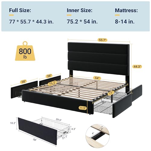 Allewie Modern Full Size Platform Bed Frame with 4 Storage Drawers and Velvet Upholstered Headboard, Wooden Slats Support, Upholstered Mattress Foundation/No Box Spring Needed/Easy Assembly, White