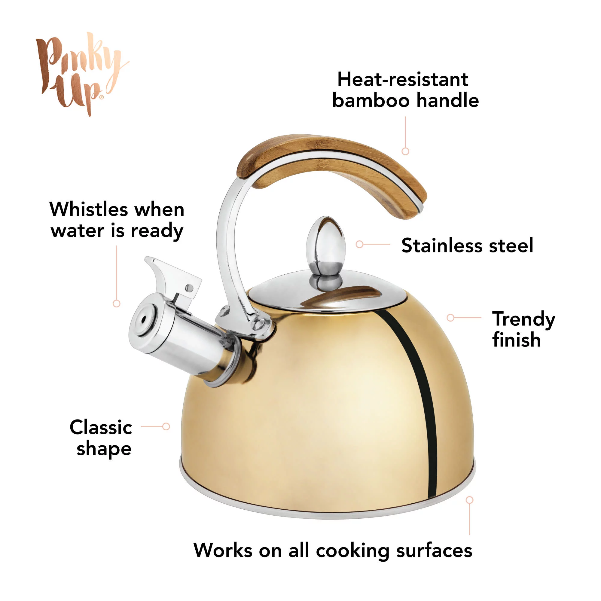 Pinky Up Presley Gold Tea Kettle - Induction Stainless Steel Whistling Kettle