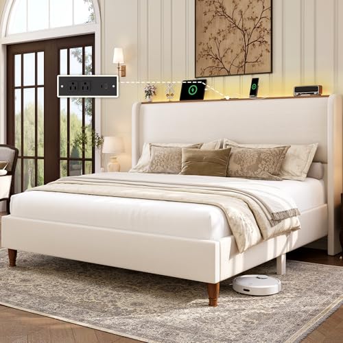 Queen Size Bed Frame with LED Lights and Charging Station Linen Upholstered Platform Bed Frame with 51.2