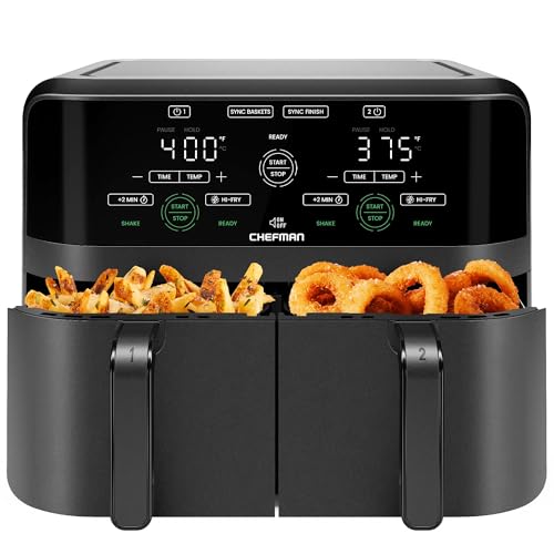 Chefman 6 Quart Dual Basket Air Fryer - Digital Touchscreen, Smart Sync Finish, Hi-Fry, Auto Shutoff, 2 Independent 3QT Nonstick Dishwasher-Safe Frying Baskets - Digital Double Air Fryer - Black