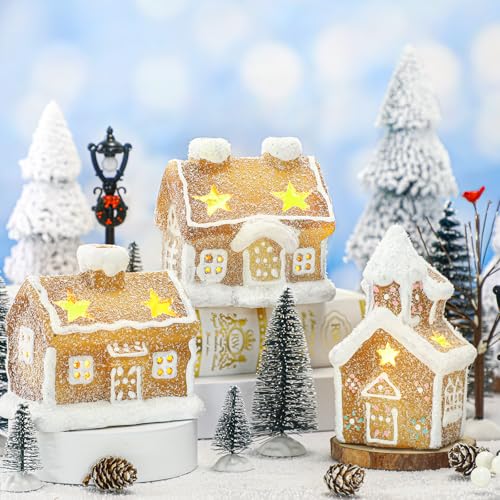 17pcs LED Christmas Gingerbread Village Sets 3 Ceramic Gingerbread Houses Decor 2 Birch Trees 10 Pine Trees 2 Streetlight Christmas Figurines for Mantel Tabletop Shelf Decor