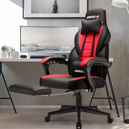 BOSSIN Gaming Chair with Massage, Ergonomic Heavy Duty Design with Footrest and Lumbar Support, Large Size Cushion High Back Office Chair, Big and Tall Gaming Computer Chair for Kids