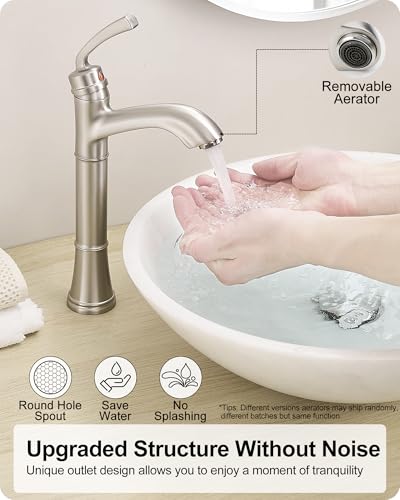 Brass Vessel Sink Faucet Brushed Nickel, Single Handle Tall Faucet for Bathroom Sink One Hole with Pop-Up Drain & Water Hoses, Save Water