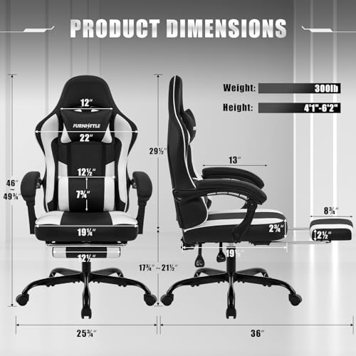 Gaming Chair for Adults and Teens, Ergonomic Leather Video Game Chairs with Footrest, Wide Seat, Reclining Back, Neck & Lumbar Support, Adjustable Swivel Computer Desk Chair, Black/White