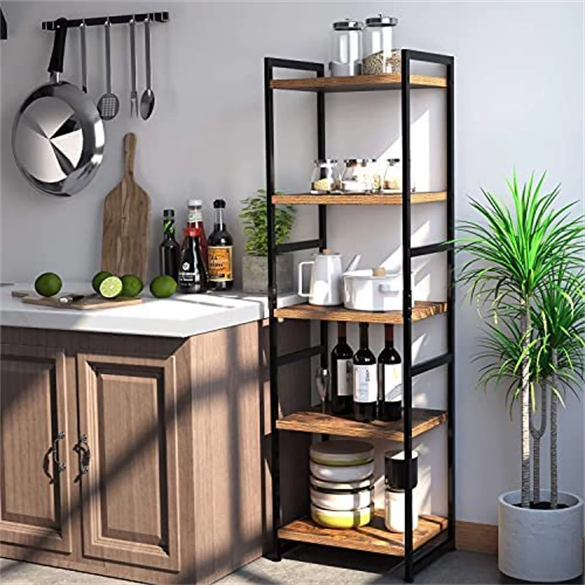 Homfa Tall Narrow Bookcase, Wood Iron Etagere Bookshelf, 59.1'' H 5 Tier Country Bookshelves for Living Room, Dark Brown Finish