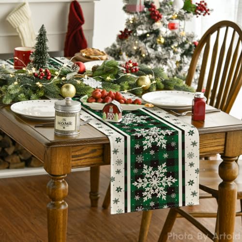 Artoid Mode Green Buffalo Plaid Snowflakes Christmas Table Runner, Seasonal Winter Kitchen Dining Table Decoration for Home Party Decor 13x72 Inch