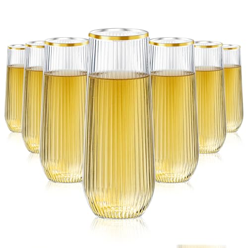48 Pack Plastic Ribbed Champagne Flutes, 9 Oz Stemless Disposable Clear Plastic Toasting Glasses Shatterproof Recyclable and BPA-Free Perfect For Wedding