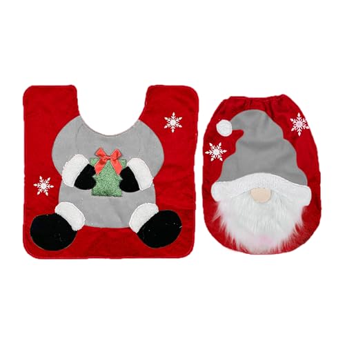 Hawyet Christmas Toilet Seat Cover and Rug Set - Festive Santa Gnome Design Bathroom Decor, 2PCS Non-Slip Toilet Mat & Lid Cover for Holiday Decoration (Red)