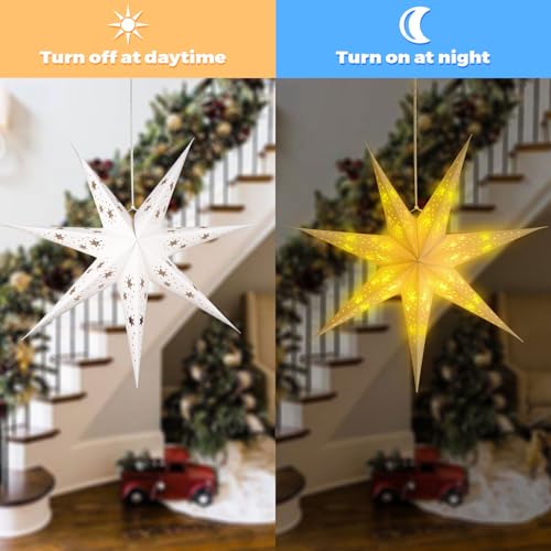 2 Pack 26.8 Inch Paper Star Lantern Christmas Decor with Timer, 3D 8 Modes 7-Pointed Star Diwali Hanging Paper Lights, Christmas Decorations Lamp Indoor for Birthday Wedding Party (White)