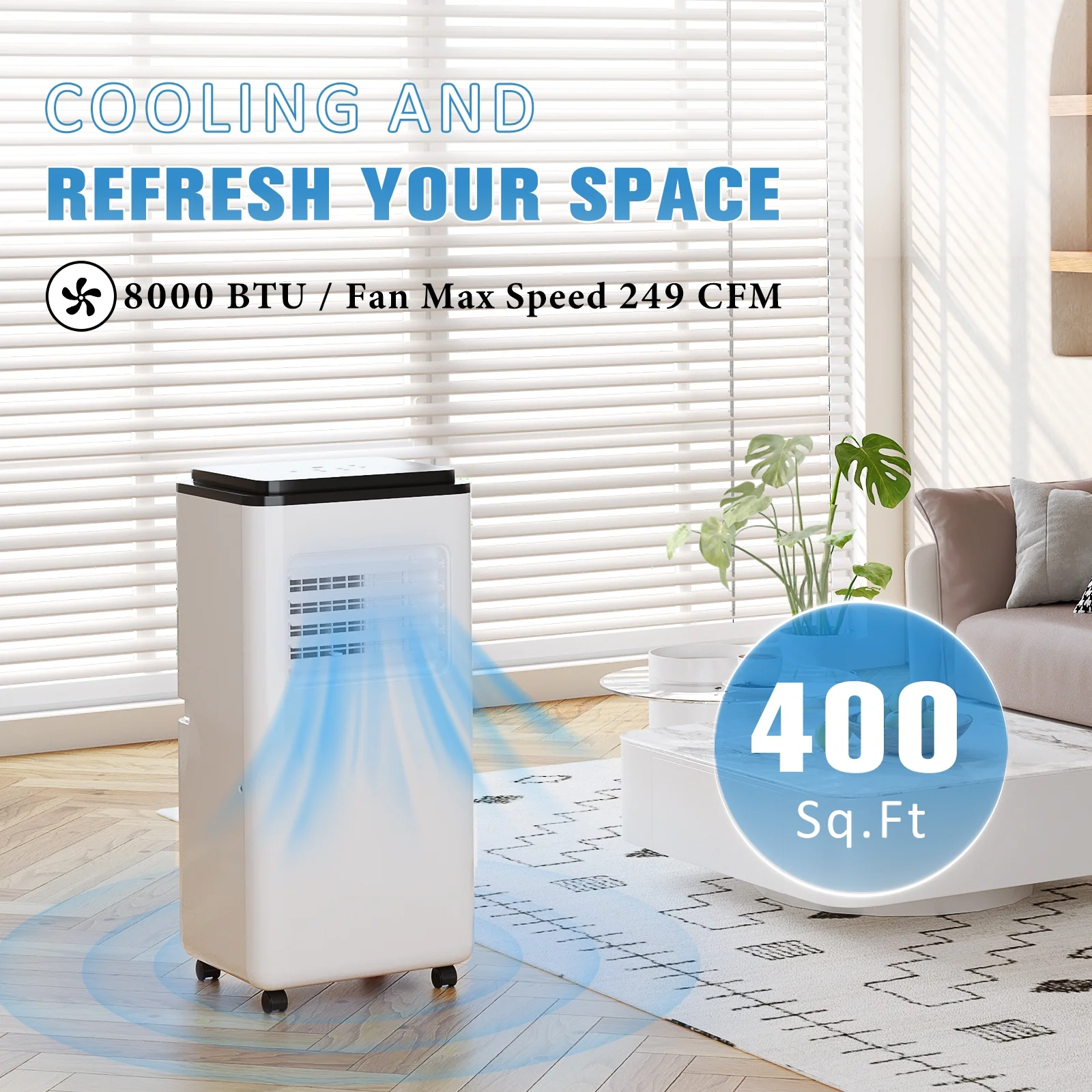 Erivess 8,000BTU Portable Air Conditioner, AC Unit with Built-in Cool, Dehumidifier & Fan Modes for Room up to 400 sq.ft, Remote Control, 24 Hour Timer