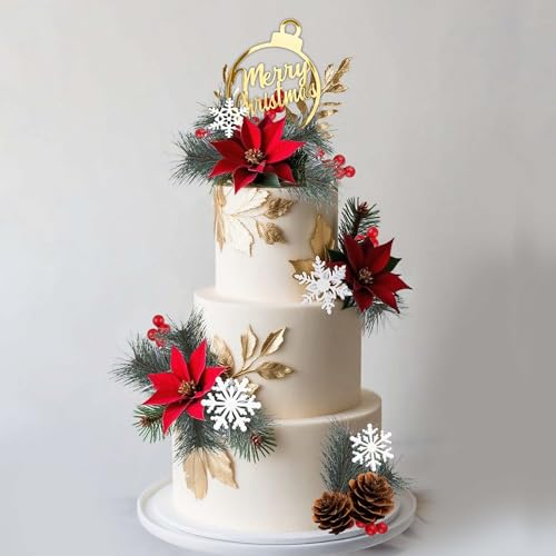 Merry Christmas Cake Topper Pine Needles Red Berries and Flowers Cake Decorations for Christmas Theme New Year Winter Birthday