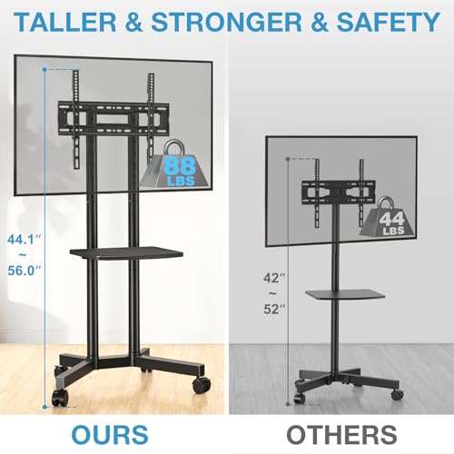 YOMT Portable Rolling TV Stand for 32-75 inch TVs, Height Adjustable Mobile TV Cart with Locking Casters, Heavy Duty Universal TV Stand On Wheels with Removable Shelf for Living Room, Bedroom, Office