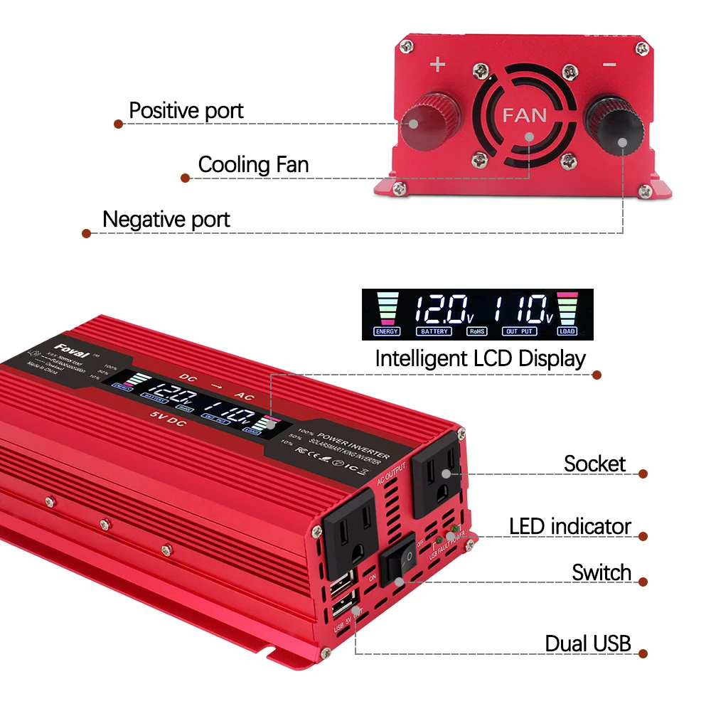 LVYUAN 800 Watts Power Inverter Modified Sine Wave Car Converter Charger Adapter 2USB DC 12V to AC 110V 120V LCD Display Red