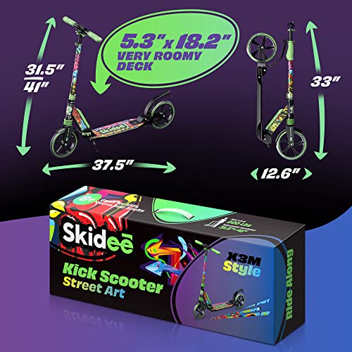 Skidee Adult & Teen Scooter Adjustable Height, Folding, Large Wheels, Lightweight, Durable, Anti-Shock Suspension, Up to 220 lbs