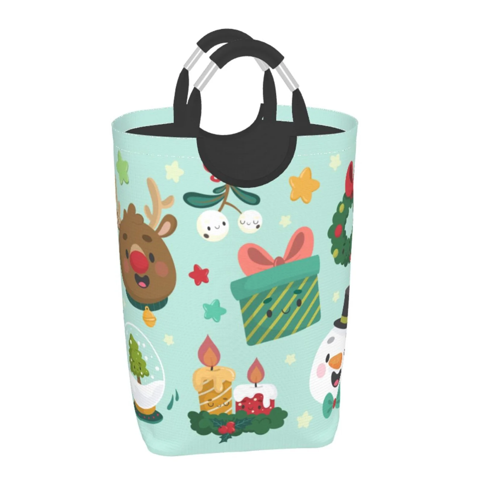 XMXT Collapsible Laundry Basket Hamper, Christmas Snowman Elk Cartoon Print Large Laundry Bag Clothes Hamper with Aluminum Handle, 50L