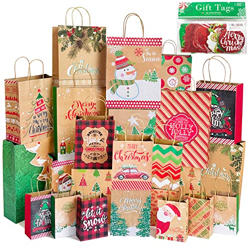 24 Kraft Christmas Gift Paper Bags Bulk with handles and 60 Count Christmas Gift Tags-Assorted sizes set for Wrapping Xmas Holiday Presents(6 Jumbo,6 Large,6 Medium,6 Small)