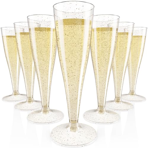 JOLLY CHEF 100 Pack Plastic Champagne Flutes Disposable 4.5 oz Gold Glitter Plastic Champagne Glasses for Wedding, Thanksgiving Day, Christmas
