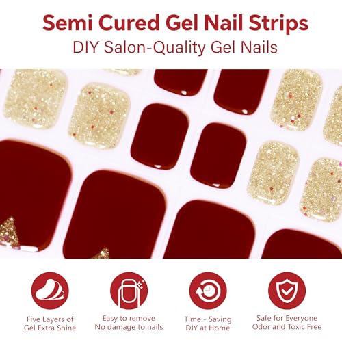 Semi Cured Gel Nail Strips-Easy Apply Christmas Gel Nail Stickers Holiday Semi Cured Manicure Strips with Sparkling Xmas Designs (Classic Yule)
