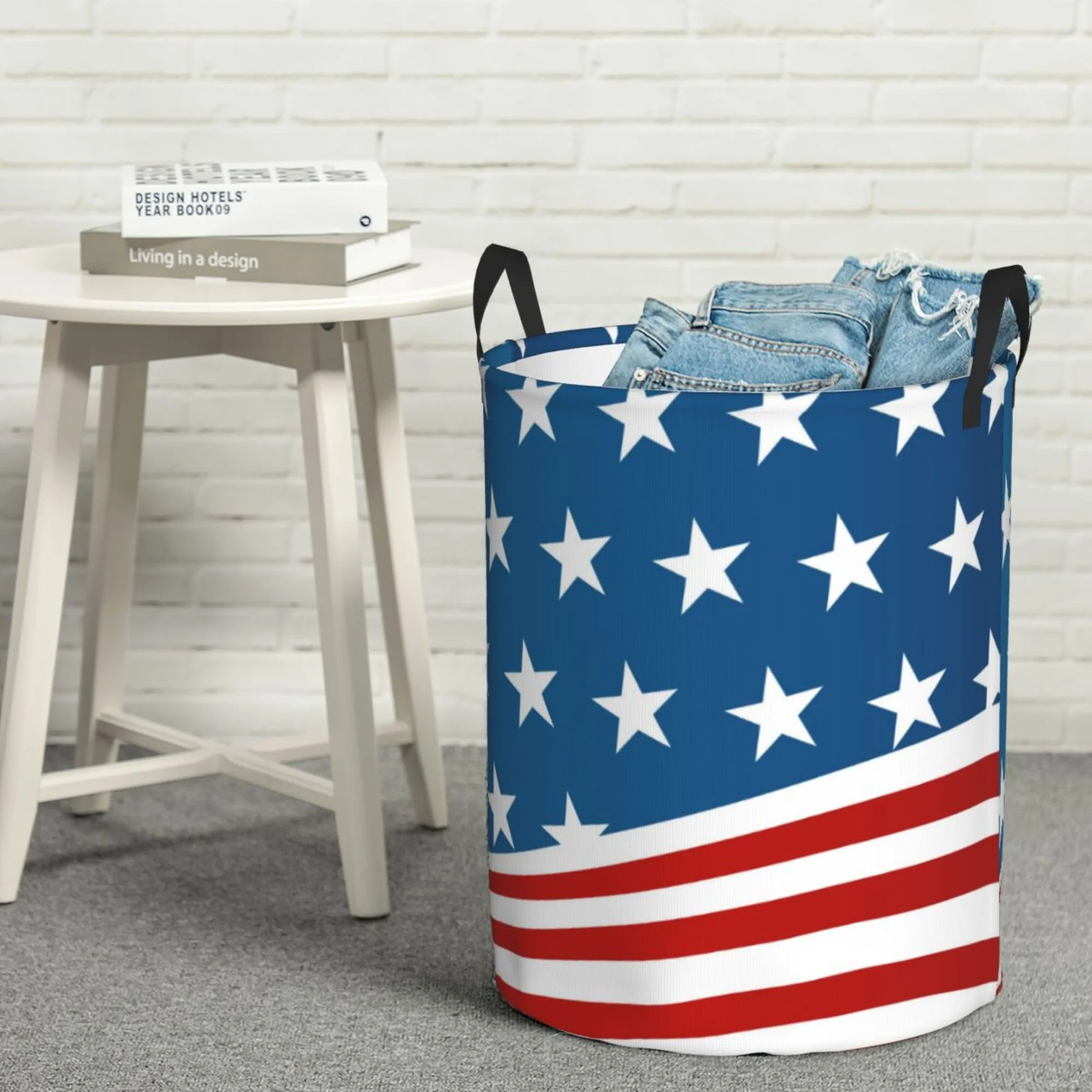 DouZhe Waterproof Collapsible Large Laundry Baskets, American Usa Stripe Stars Prints Circular Hamper with Handles