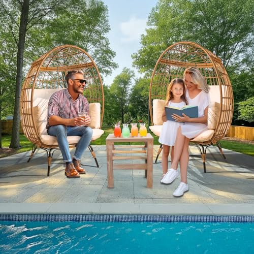 Wicker Egg Chair Outdoor - Patio Chair, Rattan Chair, Wicker Chair PE Rattan Perfect for Backyard Lounger, & Balcony, Garden, Indoor, Steel Frame, Ivory,
