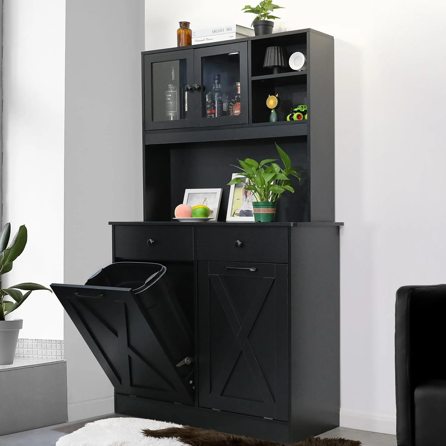 Arlopu Kitchen Pantry Storage Cabinet, Wooden Double Tilt Out Trash Cabinet Freestanding Garbage Bin Holder Recycling Cabinet with Drawers, Shelves