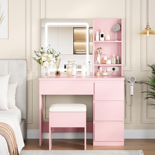 Vanity Desk with Mirror and Lights - Modern Makeup Dressing Table with Outlets, Storage Stool, 4 Drawers & Hair Dryer Holder - 3 Colors LED Vanity Mirror, Vanities for Bedroom, White
