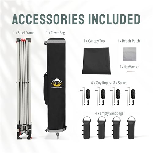 CROWN SHADES 10x10 Pop Up Canopy - Beach Tent with One Push Setup - Easy Outdoor Sun Shade for Events, Parties, Camping - Gazebo with STO-N-Go Cover Bag, Silver Coated Top, White