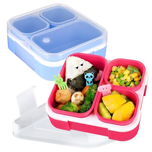 Genteen 2 Pack Bento Box for Kids, 3-Compartment Toddler Lunch Box, BPA-Free Snack Portion Containers (Dark Pink + Purple)