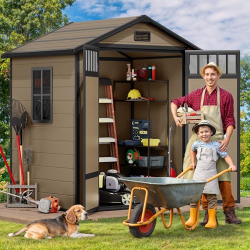 DWVO 6x4.4 FT Resin Storage Shed with Fence-Style and Side Windows, Lockable Door, and Vents for Garden, Backyard, Patio, Lawn, Brown