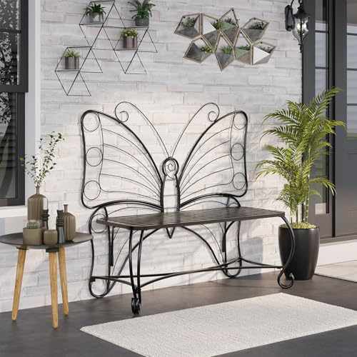 Garden Bench Outdoor Porch Bench, Double Seats Outdoor Bench, Butterfly Bench for Outside, Black Butterfly Chair Thickened Metal Frame for Garden,Yard, Patio,Porch,Lawn,Park (Black)