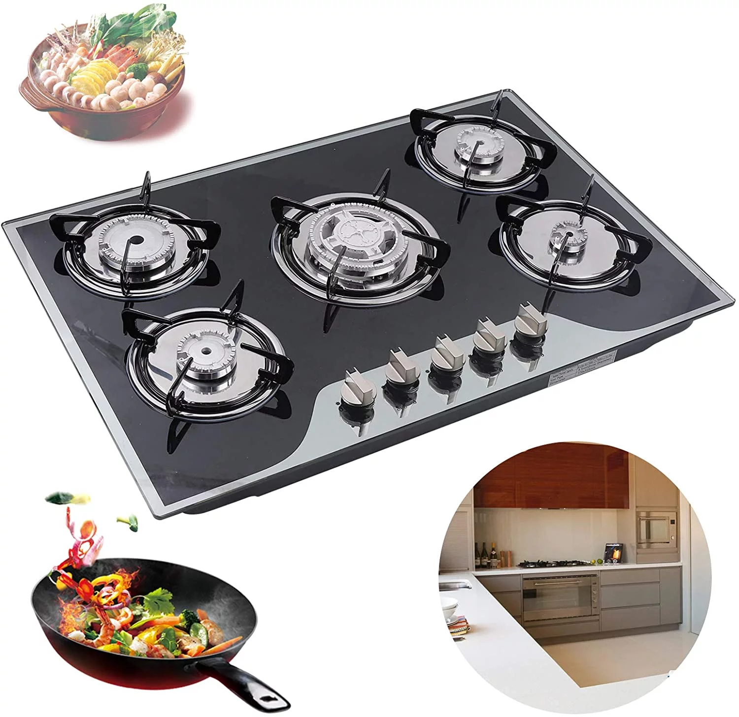 5 Burners Built-in Gas Hobs Kitchen Cooker Stove Cooktop LPG/NG Tempered Glass 30
