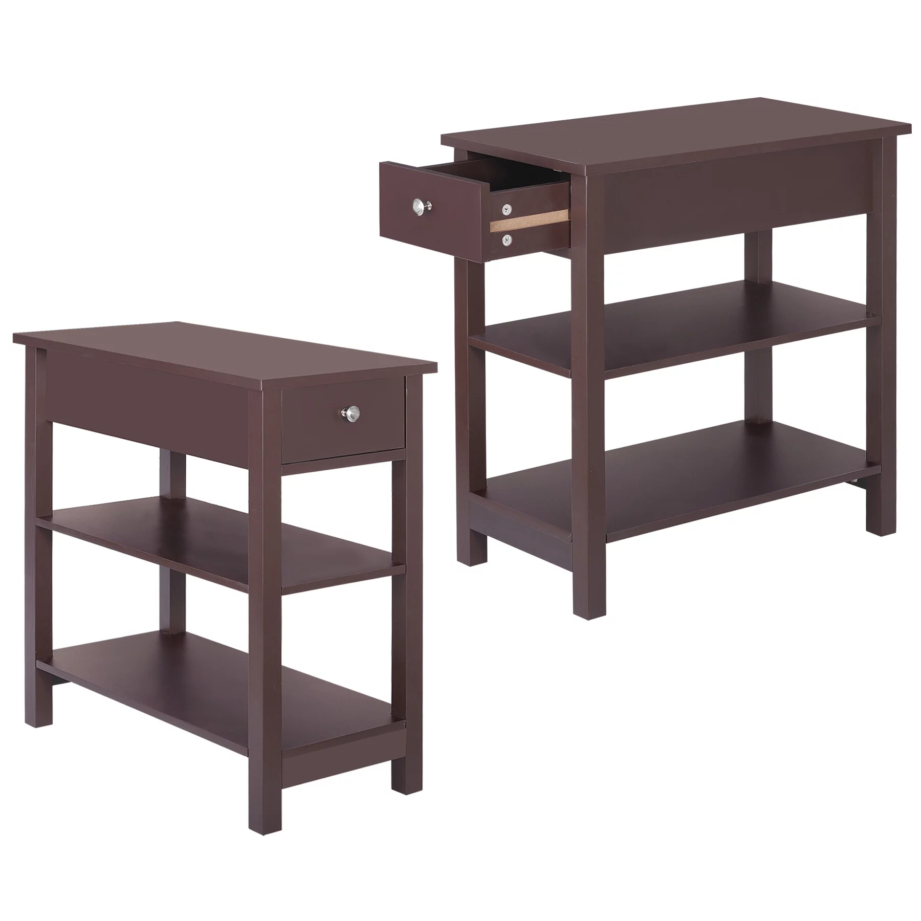 HomGarden 2 Pack 3-Tier Small End Table Modern Narrow MDF Sofa Side Table W/Drawer & Storage Shelf, Espresso