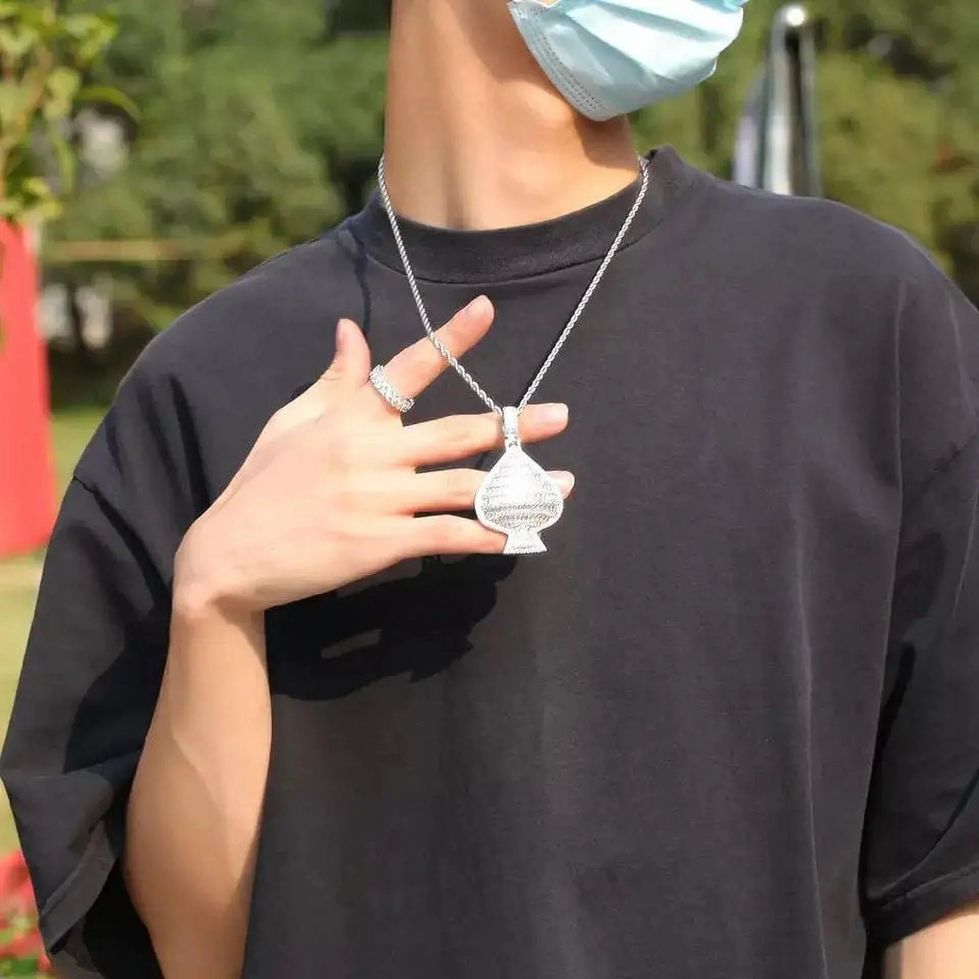 18K Gold Over Finish Simulated Diamond Iced Out Hip Hop Ace of Spades Holdem Poker Custom Charm Pendant Necklace, Gift for him, Free Chain