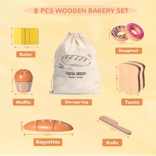 Wooden Bakery Playset Food Toys, Kids Pretend Play Food Baking Set Kitchen Accessories with Storage Bag, Pretend Play Bread Cutting Food for Boys Girls 3+