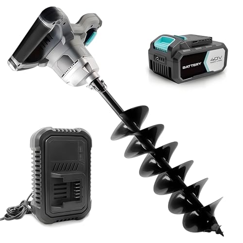 40V Brushless Cordless Earth Auger 6 Inch Post Hole Digger w/ 2,5AH Battery, 4A Charger, Led Work Light，Forward & Reverse Direction