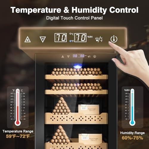 Electric Cooler Cabinet 35L with Temperature and Humidity Control, Spanish Cedar Wood Shelves and Safety Lock (270 Counts Capacity), Gift for Men