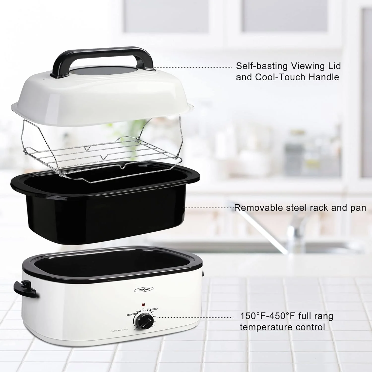 Roaster Oven 26 Quart Electric, Turkey Roaster with Lid Glass Window Design,Large Stainless Steel Turkey Roaster Oven