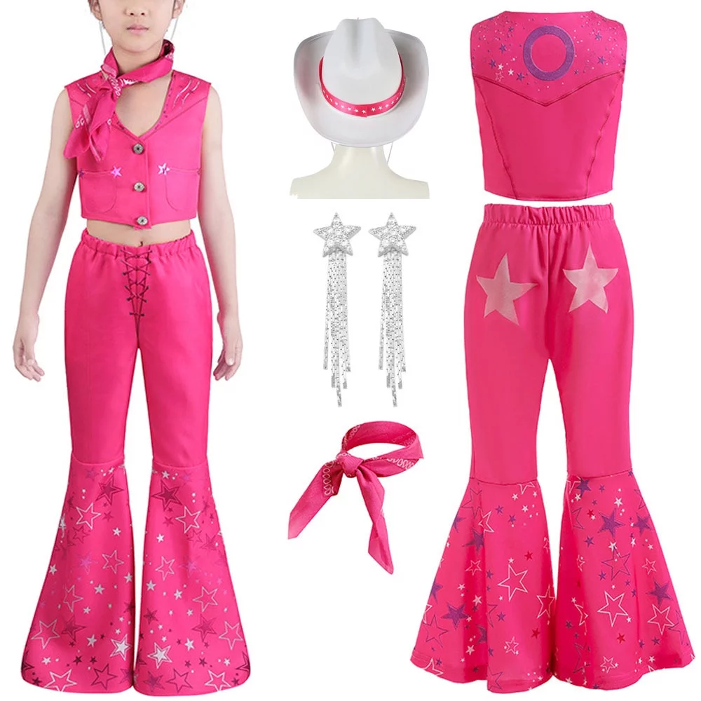 Girls Retro Hippie Disco Costume Cowgirl Pink Flare Pant Halloween Cosplay