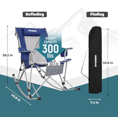 FUNDANGO Rocking Camping Chair, High Mesh Back Portable Folding Camp Chairs with Pillows, Cup Holder and Carry Bag for Lawn Patio Garden Outdoor Supports 300 Lbs (Black/Blue)
