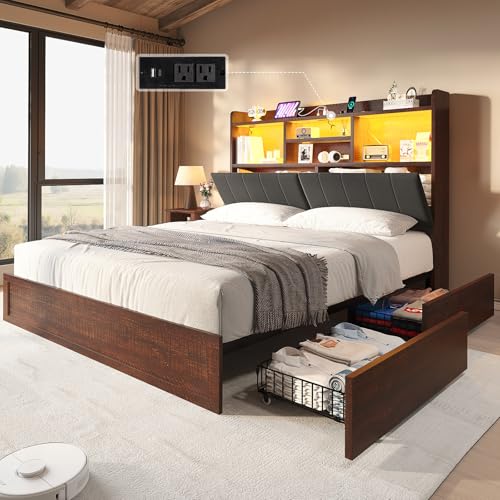 Full Farmhouse Bed Frame with Bookcase Headboard and 4 Drawers, LED Storage Bed with Charging Station & Linen Upholstered, No Box Spring Needed, Black