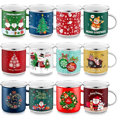 Sliner 16 Pcs Christmas Enamel Mugs, 12 oz Coffee Mugs Bulk Hot Chocolate Mug Set Cute Enamel Tea Cups Winter Holiday Christmas Employee Gift for Family Coworkers (Classic Style)