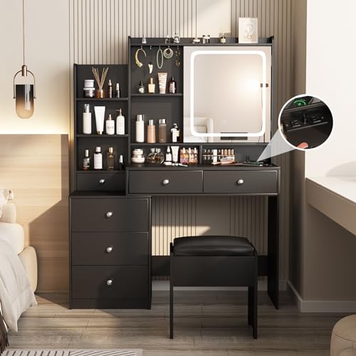 Vabches Vanity Makeup Mirror Desk with Stool,Makeup Vanity Set with 6 Drawers and Shelves,Vanity Table with Power Strip,Vanity Mirror 3 Lighting Color Adjustable,White