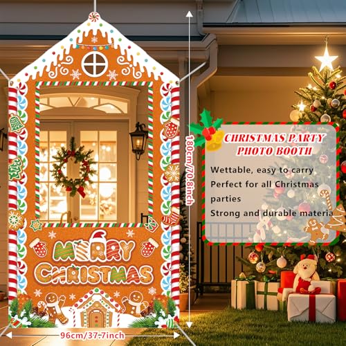 Christmas Party Decorations Christmas Photo Booth Backdrop Large Gingerbread House Xmas Photo Background Banner for Holiday Party, Indoor Outdoor for Family Gathering Office, Classroom Home Décor