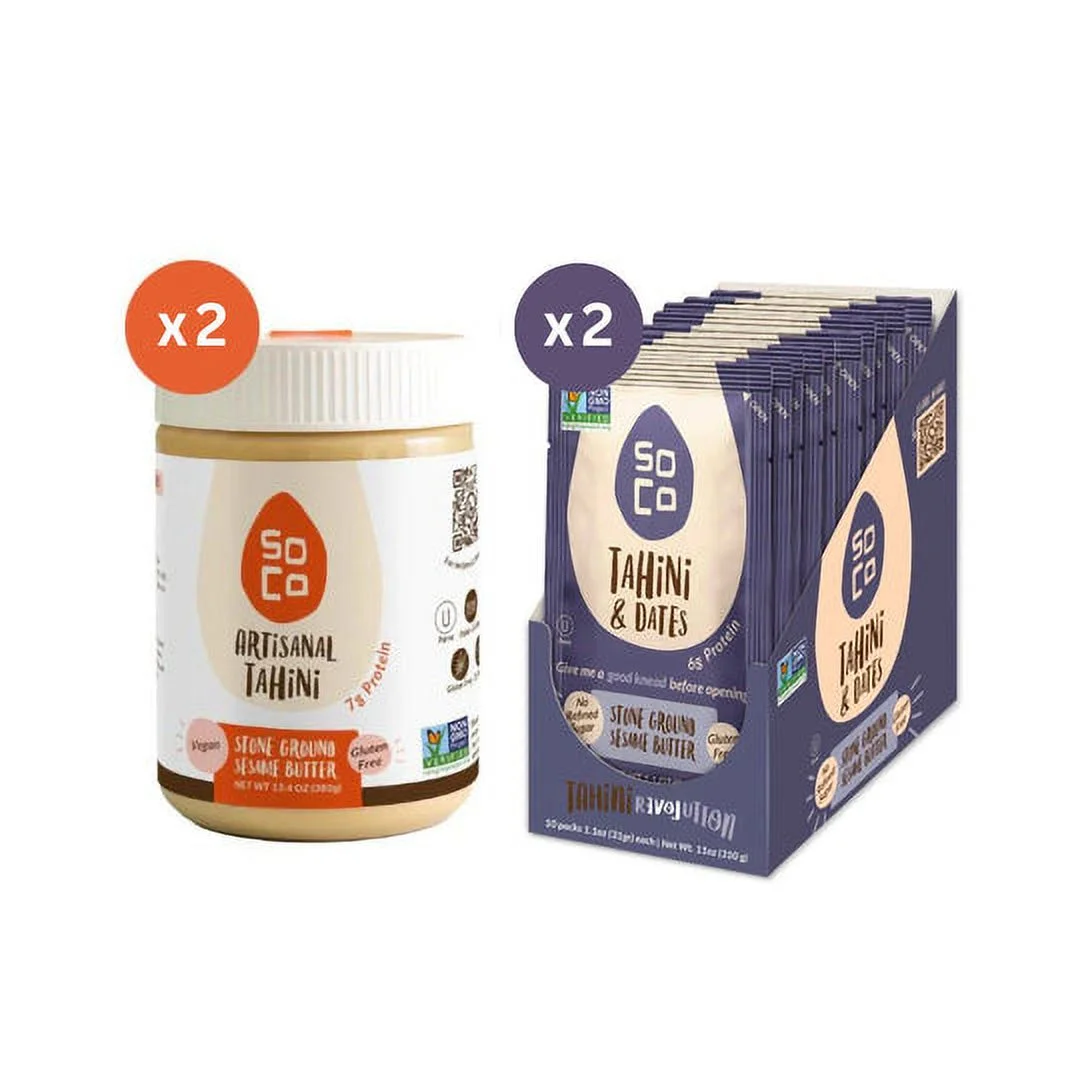 SoCo 2 x Artisanal Tahini Jars each of (380 Grams ) with combo 2 x Tahini & Dates Squeeze Packs each (Box of 10) Gluten-Free, Sugar-Free